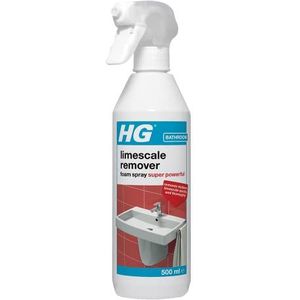 HG Kalkverwijderaar, schuimspray, super krachtig, gootsteenkraan en toilet kalkverwijderaar, badkamerreiniger en ontkalker voor douchekoppen, chroom, baden en schermen - 500 ml