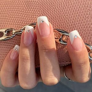 Coffin False Nails French Short Fake Nails Natural Press on Nails Ballerina Acrylic Stick on Nails 24pcs for Women and Girls(26 Piece Set)