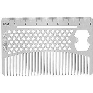 AhfuLife Metalen kam en baardkam EDC-formaat, perfect voor portemonnee en tas, antistatische baardkam met roestvrijstalen, zilverkleurig, multifunctioneel