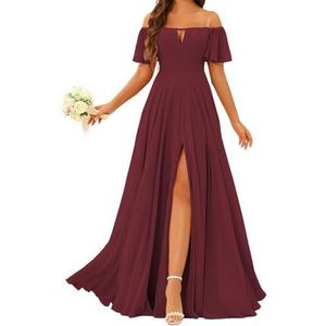 Prinses Bruidsmeisje Jurken Off Shoulder Prom Jurken Plooien Chiffon Formele Avond Party Maxi Jurk met Split ZMK196, Bordeaux, 32