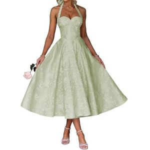 AHERKLL Spaghetti Bandjes Bruidsmeisjes Jurken Jacquard Satijn Halter Formele Avond Feest Maxi Jurk HAH046, Salie, 32