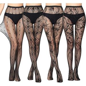 Set van 4 damespanty's, half zwart, bloemenpatroon, strepen, harten, naaien, semi-doorlatend, rooster zwart, Zwart, one size