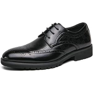 Formele kledingschoenen for heren Veterschoenen Ronde neus Brogue Reliëf Wing tip Derby schoenen Blokhak Rubberen zool Lage bovenkant Slipvast Antislip Bruiloft(Black,44 EU)