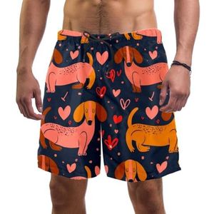 Heren Board Shorts, Roze Worst Hond met Liefde Sneldrogende Badmode Strand Vakantie Party Bermuda Zwemmen Grote Broek, Roze Worst Hond Met Liefde, L