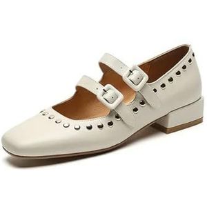 Lederen Schoenen Vrouwen Vierkante Teen Hak Vrouwen Lage Hak Vrouwen Schoenen Retro Handgemaakte Mary Janes Schoenen, Beige, 34 EU