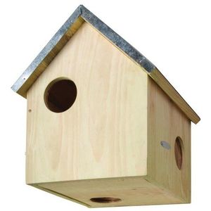 Esschert Design Voederhuisje, voederstation voor eekhoorntjes met metalen dak, drie ingangen, ca. 25,3 cm x 26,3 cm x 29 cm
