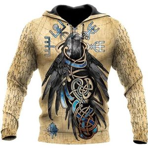 Novel Nordic Odin Crow Hoodie, Unisex Viking Vegvisir Rune Tattoo Outdoor Fashion Harajuku Zip Jacket, Lente en Herfst Pagan Pullover Sweatshirt met Lange Mouwen (Color : Pullover Hoodie, Size : 4XL