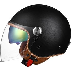 Motorfiets 3/4 Helm Mannen Vrouwen Retro Open Gezicht Half Helm Leer Vintage Klassieke Volwassene Jet Helm voor Scooter Cruiser Bromfiets DOT/ECE Goedgekeurd E,XL=62-64cm