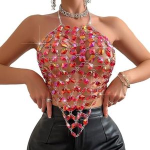 CakfLjkhl Vrouwen rave doorschijnen uitgeholde halter tops schitteren Rhinestone party clubwear body chain,Rood,L