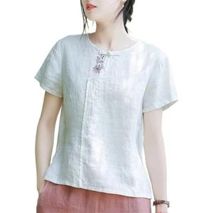 2024 Zomer Chinese Stijl Tops Prachtig Geborduurd Vintage Shirt Ronde Hals Korte Mouw Katoen Linnen Blouse (Color : White, Size : 3XL)