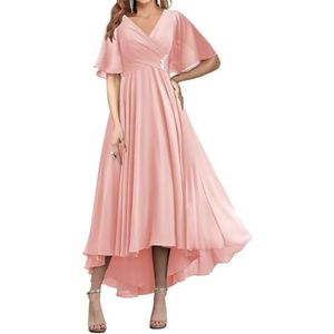 WSEYU Korte Mouw Moeder Van De Bruid Bruidegom Jurken Chiffon Kralen Formele Avond Grootmoeder Jurken Thee Lengte ZM194, Blush Roze, 32