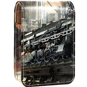 Draagbare Lipstick Case voor op reis, Mini Lipstick Opbergdoos met spiegel voor vrouwen dames, Lederen cosmetische Pouch Stoomtreinen Oud, Meerkleurig, 9.5x2x7 cm/3.7x0.8x2.7 in