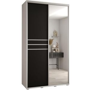 MEBLE KRYSPOL Davos 11 140 Kledingkast met twee schuifdeuren voor slaapkamer - Moderne Kledingkast met spiegel, kledingroede en planken - 235,2x140x45 cm - Wit Zwart Zilver