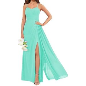KURFACE Spaghetti Strap Chiffon Bruidsmeisjesjurken voor Vrouwen Geplooid Korset Mouwloze Formele Jurk Avondjurk, Turkoois, 42