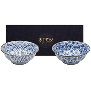 TOKYO Design studio Mixed Bowls kristal set van 2 schaaltjes, blauw-wit, Ø 21 cm, ca. 1000 ml, Aziatisch porselein, Japans design, incl. geschenkverpakking