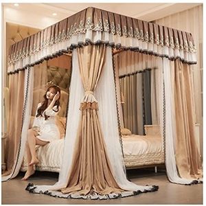 Bed Curtain Canopy European Bed Canopy Mosquito Net, Dubbellaags Winddicht En Stofdicht Four Seasons Bed Cover Met Bracket (Color : Khaki, Size : 180X200cm/71X79inch)