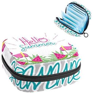 Hallo Zomer Cartoons Watermeloen Bloem Print Periode Tas voor Tiener Meisjes Vrouwen Dame, Maandverband Opbergtas met Rits Nylon Draagbare Opslag Menstruatie Pad Tas