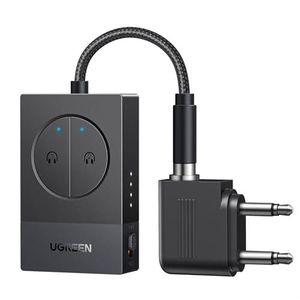 UGREEN Bluetooth Adapter Vliegtuig Bluetooth 5.4-zender voor 2 Airpods of koptelefoons, 19 uur batterijduur, 3,5 mm AUX Bluetooth-zenderaansluiting, compatibel met vliegtuig, tv en sportschool