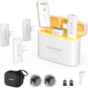 NEEWER Draadloos Lavalier Microfoon Systeem voor iPhone USB C Mini Clip op Revers Mic met 2x Zender/4x Ontvanger/OTG Adapter 200m Lange Afstand Compatibel met Android Telefoon Tablet PC, Wit, KM20