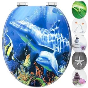 Wc-bril met softclosemechanisme, houten kern, stabiele softclose-scharnieren, eenvoudige montage, glad oppervlak, keuze uit leuke motieven, houten wc-deksel, universeel passend (dolfijn)