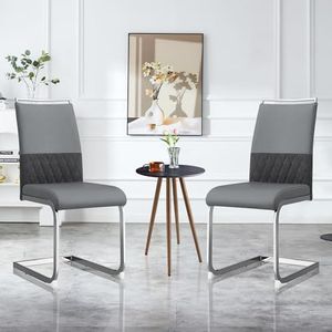 Aunvla Moderne eetkamerstoelen, set van 2, rugleuning van PU-kunstleer en linnen, hoge rug beklede zijstoel, dwarsstrepen rugleuning design voor eetkamer, keuken, gast bureaustoel, grijs