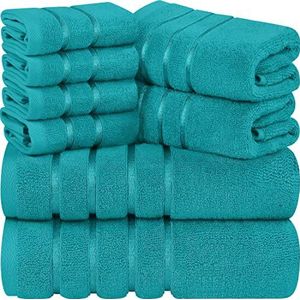 Set van 8 katoenen handdoeken met viscosestrepen en hanger, 2 badhanddoeken, 2 handdoeken, 4 washandjes (turkoois)