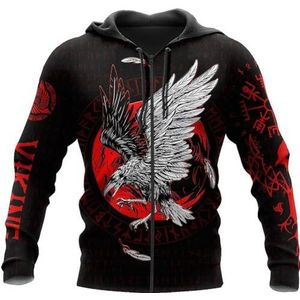 Scandinavische Tattoo hoodies Voor Mannen, Viking Celtic Crow Vegvisir 3D-print Sweatshirt met Lange Mouwen en Rits, Scandinavische Middeleeuwse Mode Harajuku Casual Sweatshirt(Color:A Zip Hoodie,Size