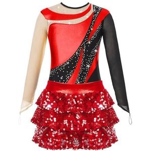 NUOYIXUAN Gymnastiekpak met lange mouwen voor meisjes en jongens met glanzende pailletten en shorts met rok, kunstschaatspak voor jongeren, klassieke dansjurken (rood, 16)