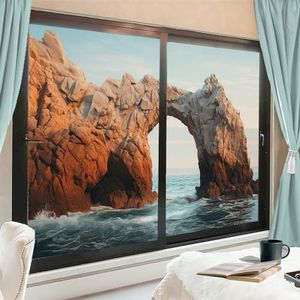 AEMYSKA Vintage boog oceaan raamfilm warmteblokkerend rustiek rif blauwe zee landschap privacy raamdecoratie glazen deurbekleding niet-klevende raamfilm voor badkamer keuken 70 x 100 cm x2 stuks