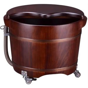 TT-YEC Retro Voetbadbad, Peren Houten Bruine Voet Badbad, Vast Houten Handgemaakte Houten Voetbad Ingesteld Met Deksel En Massager, 360 ° Roteerbaar Voetbadbad, Huismachine Voetbadbad,H35cm