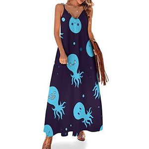 Grappige blauwe octopus vrouwen sling maxi jurken V-hals casual mouwloze verstelbare riem sexy lange jurk