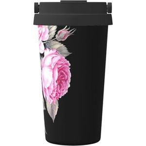 Geïsoleerde koffiemok met roze bloemenprint, 500 ml, reisbeker, voor reizen, kantoor, auto, feest, camping