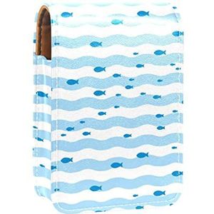 Gepersonaliseerde Lipstick Case Draagbare Make-up Tas Cosmetische Pouch Lippenstift Houder Make-up Organizer Little Fish op Blauw Wit Wave Streep, Meerkleurig, 9.5x2x7 cm/3.7x0.8x2.7 in