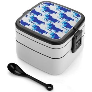 Blauwe Retro Paard Silhouet Bento Box Met Handvat Alles-in-een Stapelbare 2-Tier Lekvrije Lunch Box Voedsel Containers