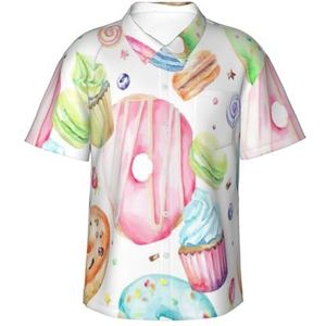 EdsfFehs Hawaiiaans Cupcakes Donuts Muffins voor heren, Hawaïaans shirt met suikerprint, licht, ademend, korte mouwen met voorzak (S-3 XL), Zwart, S