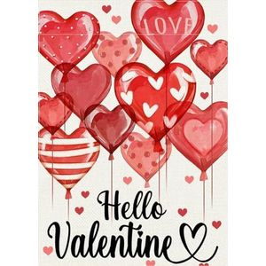 Tuinvlag 30 x 45 cm, Hallo Valentijnsdag liefde rood hart ballonnen stippen strepen indoor vlag lichtgewicht activiteit vlag, voor carnaval, feesten