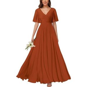 KURFACE Bruidsmeisjesjurken met V-hals en mouwen voor dames, geplooid, chiffon, bruidsmeisje, vloerlengte, formele feestjurk, Verbrand Oranje, 32
