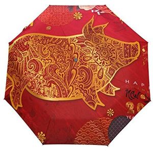 Jeansame Kerst Nieuwjaar Winter Rood Varken Opvouwbare Compacte Paraplu Automatische Regen Paraplu's voor Vrouwen Mannen Kid Jongen Meisje