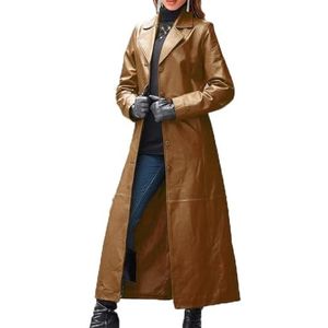 LAZIRO Damespak, kraag, effen kleur, knopen, kunstleer, effen kleur, lange jas, slanke dunne trenchcoat met lange mouwen, Bruin, S