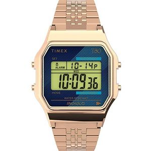 Timex T80, Rose goud-tone/blauwe armband, Retro