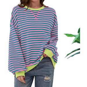 Women's Oversized Striped Long Sleeve Pullover Casual Classic Striped Crewneck Sweatshirt (L,Pink)