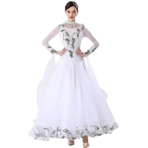 Wals Performance Dansoutfit voor Dames Professionele Ballroom Danswedstrijdjurken Tango Flamenco Kostuums met Strass en Borduurwerk,Wit,3XL