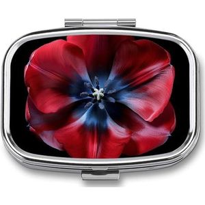 Rode en blauwe bloemen pillendoos reizen pillenorganizer 2 compartimenten wekelijkse pillendoos met spiegel een dag medicijncontainer medicijnorganizer voor portemonnee, zak of portemonnee