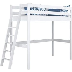 N-Wood N02 hoogslaper, 80 x 180 cm, 100% massief hout, kinderbed voor kinderen en volwassenen, universele ladder: rechts of links, inclusief frame, afgeronde randen, wit