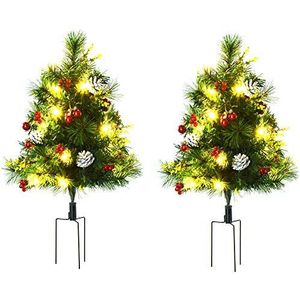 HOMCOM set van 2 Kerstbomen mini kunstkerstboom met dennenappels en rode bessen, ballen en warm witte LED-verlichting IP44 groen PVC metaal Ø33 x 75 cm