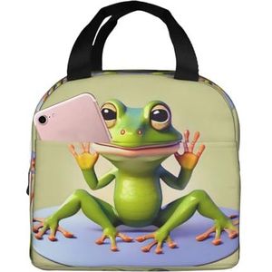 The Funny Frog Doing Yoga Unisex verdikte geïsoleerde lunchtas met voorvak voor werk, reizen, wandelen, picknick