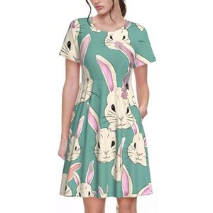 Tamiger Bunny Leuke Print Casual Korte Mouw Jurk Voor Zomer Herfst Ronde hals Jurk Met Zakken Vrouwen Jurken, Zwart, XXL