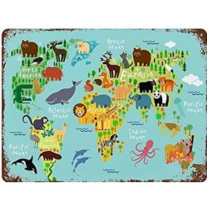 Animal Map of the World Creatieve tinnen bord retro metalen tinnen bord vintage wanddecoratie retro kunst tinnen bord grappige decoraties cadeau grappig