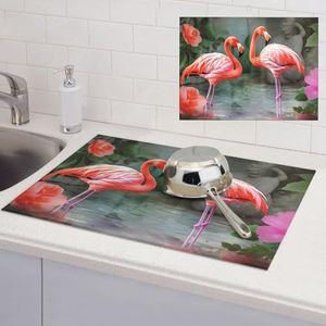 Twee Rode Flamingo's Print Schotel Drogen Mat Microfiber Gerechten Pad Absorberende Drogen Pad Voor Keuken Counter Koffie Mat