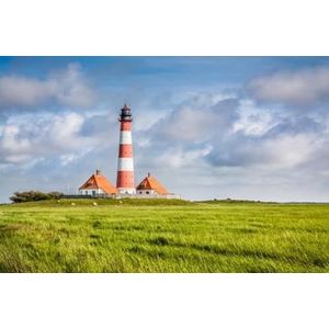 Houten afbeelding 60 x 40 cm: Mooi uitzicht op het landschap met kleine vijver en vuurtoren op de achtergrond aan de Noordzee in Noord-Friesland, (35682229)